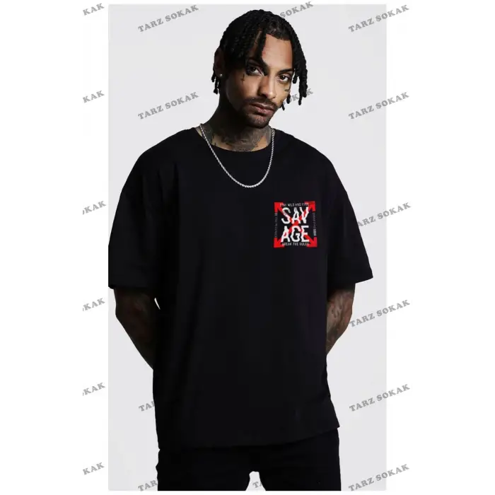 Erkek Siyah Oversize Savage Baskılı