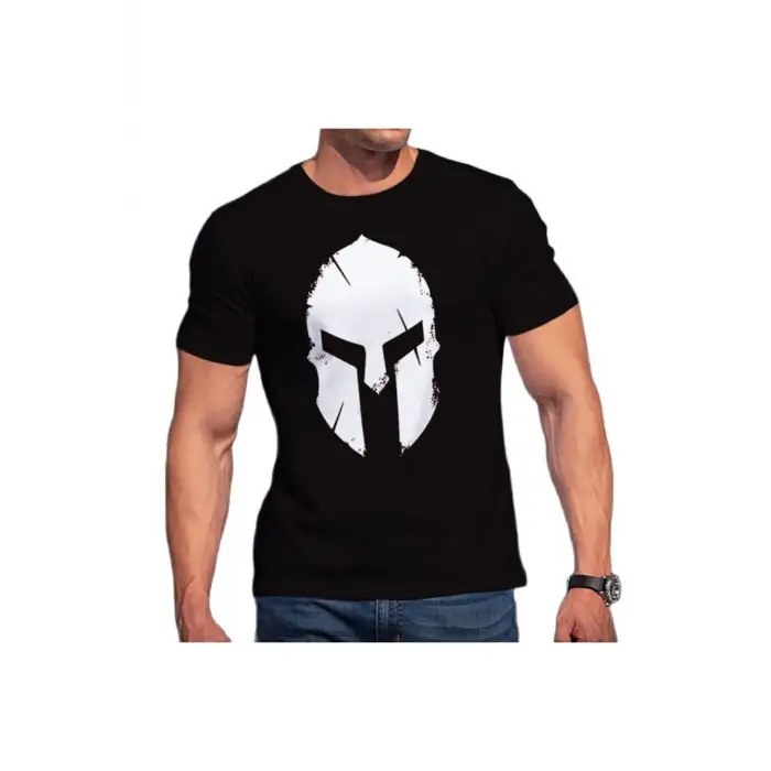 Erkek Siyah Sparthan Baskılı Oversize Bisiklet Yaka Tshirt