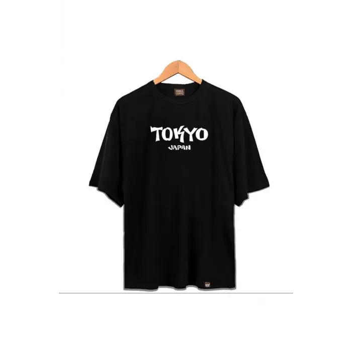 Erkek Siyah Tokyo Baskılı Oversize Bisiklet Yaka Tshirt