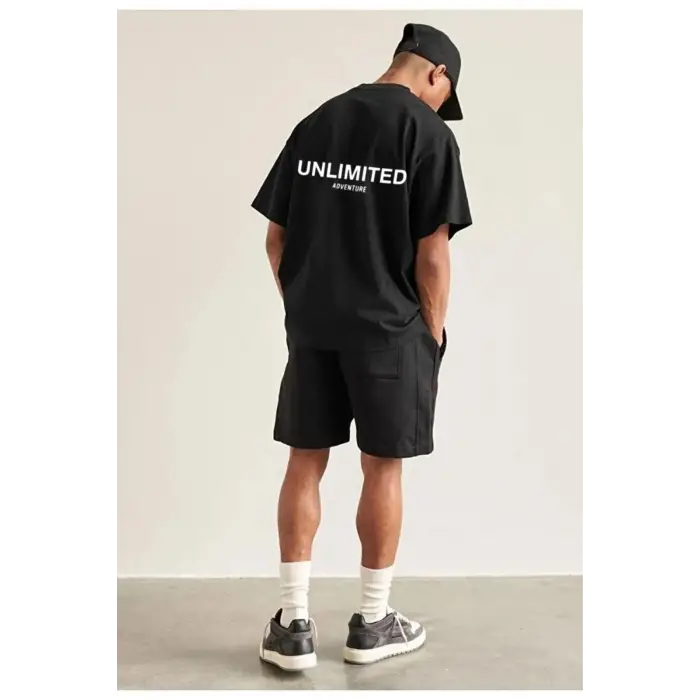 Erkek Siyah Unlımıted Baskılı Oversize Bisiklet Yaka Tshirt