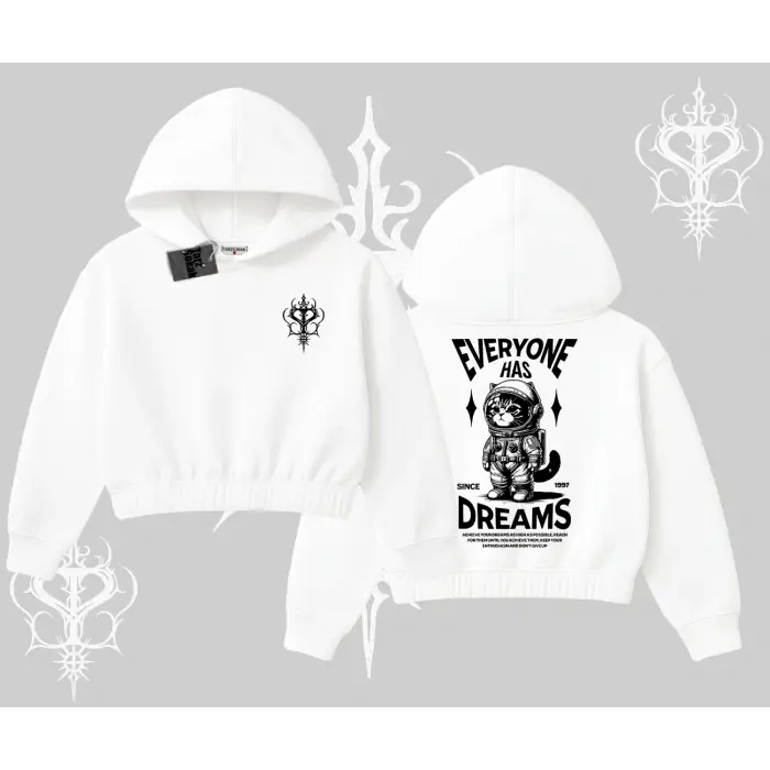 Everyone Has Dreams Yazılı Astronot Kedi Arka Baskılı Kapşonlu Crop Sweatshirt