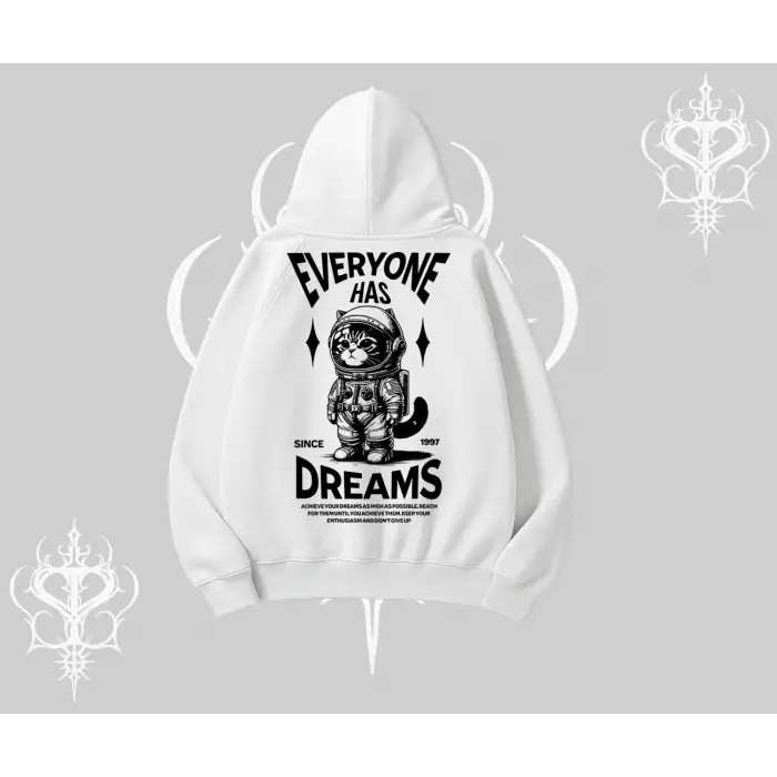 Everyone Has Dreams Yazılı Astronot Kedi Arka Baskılı Kapşonlu Sweatshirt