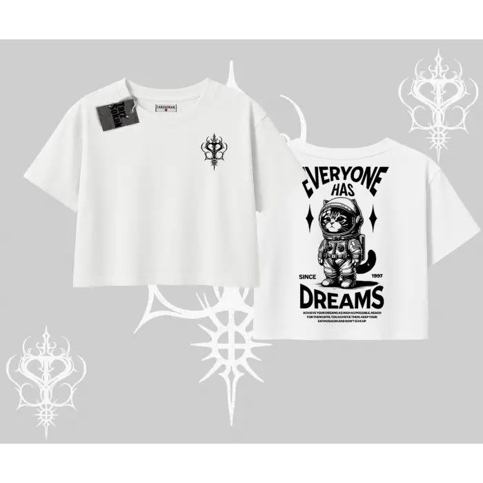 Everyone Has Dreams Yazılı Astronot Kedi Arka Baskılı Oversize Crop Tshirt