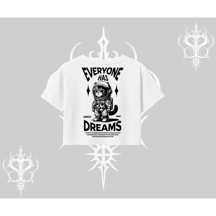 Everyone Has Dreams Yazılı Astronot Kedi Arka Baskılı Oversize Crop Tshirt