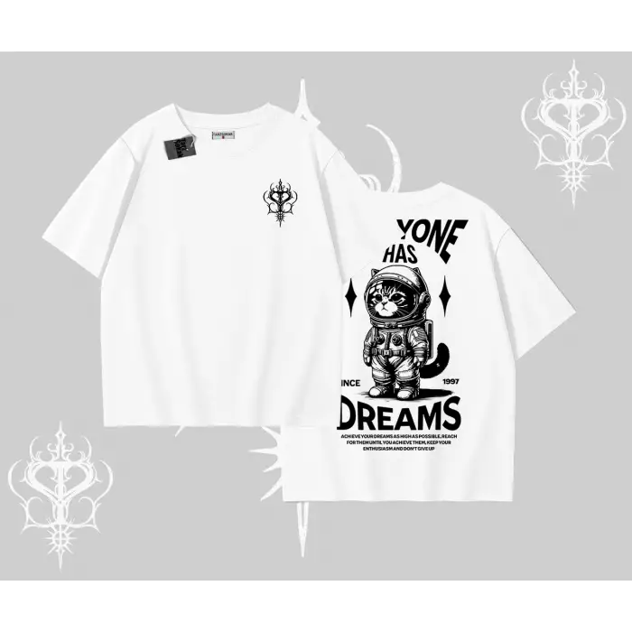 Everyone Has Dreams Yazılı Astronot Kedi Arka Baskılı Oversize Tshirt
