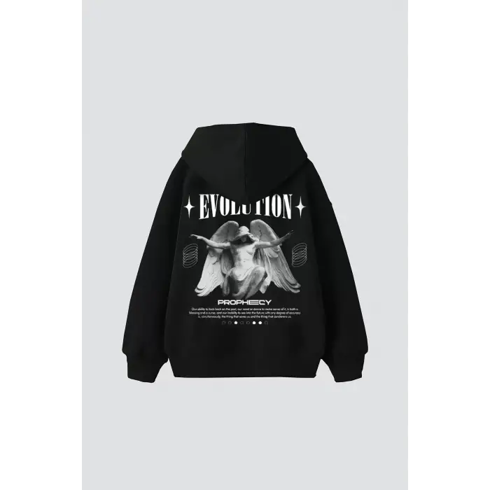 Evolution Baskılı Oversize Unisex Kapüşonlu Siyah