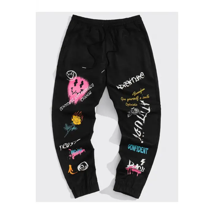 Expression & Letter Graphic Drawstring Waist Pants