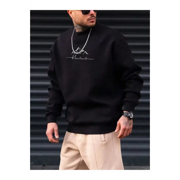 Extended Sizes Plus Letter Mountain Graphic Sweatshirt Siyah
