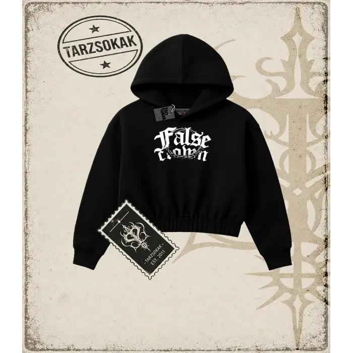 FALSE CLOWN Kadın Crop Kapşonlu Sweatshirt