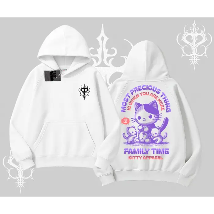 Family Time Yazılı Sevimli Anne Kedi Arka Baskılı Kapşonlu Sweatshirt