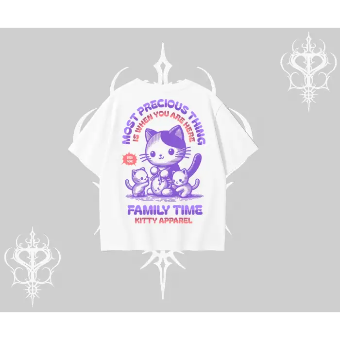 Family Time Yazılı Sevimli Anne Kedi Arka Baskılı Oversize Tshirt