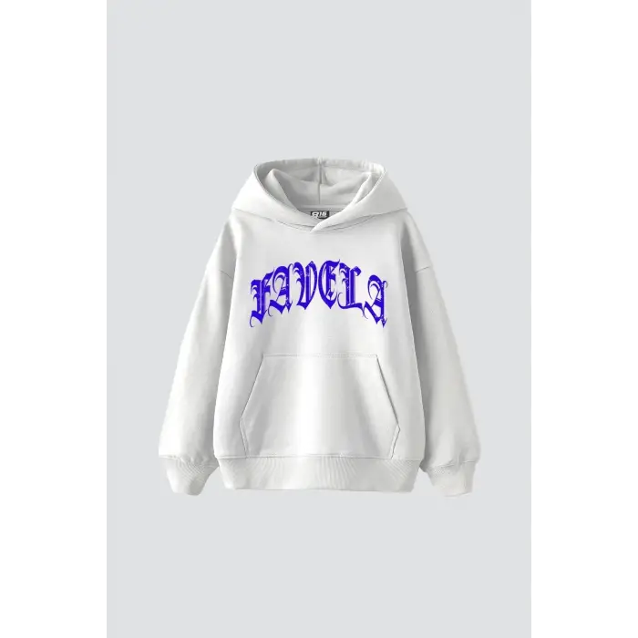 Favela Mavi Taş Baskılı Oversize Unisex Beyaz