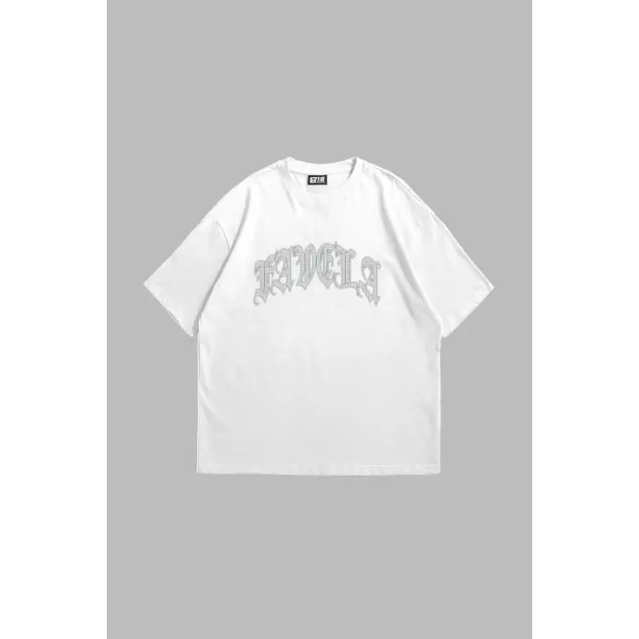 Favela Taş Baskılı Oversize Unisex Beyaz