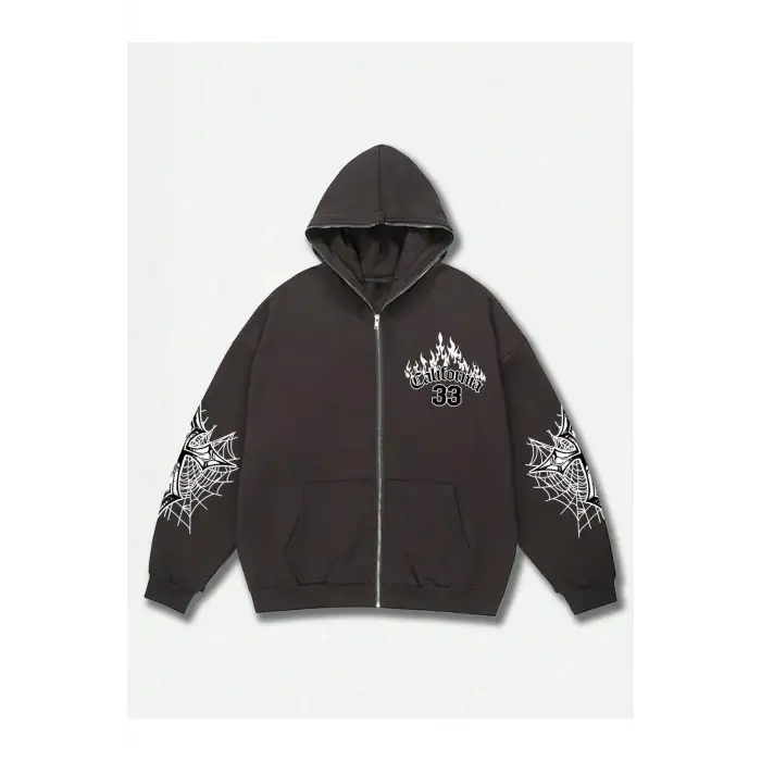Fermuarlı Sweatshirt Goth Guys Letter Graphic Gri