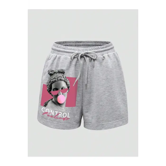 Figure Graphic Drawstring Waist Şort