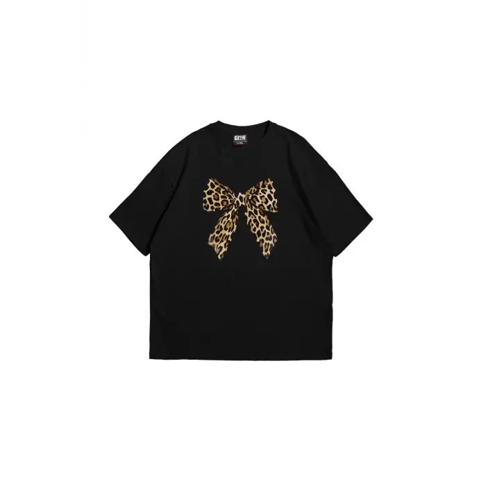 Fiyonk Leopar Baskılı 24/1 Oversize Unisex Siyah