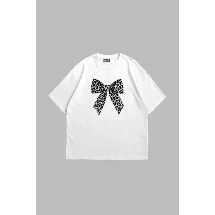 Fiyonk Leopar V2 Baskılı Oversize Unisex Beyaz