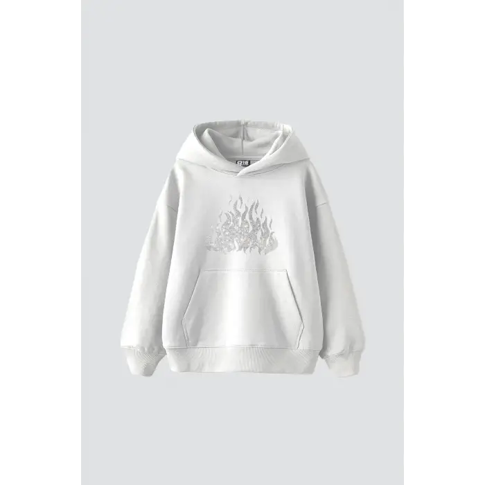 Flame Taş Baskılı Oversize Unisex Beyaz