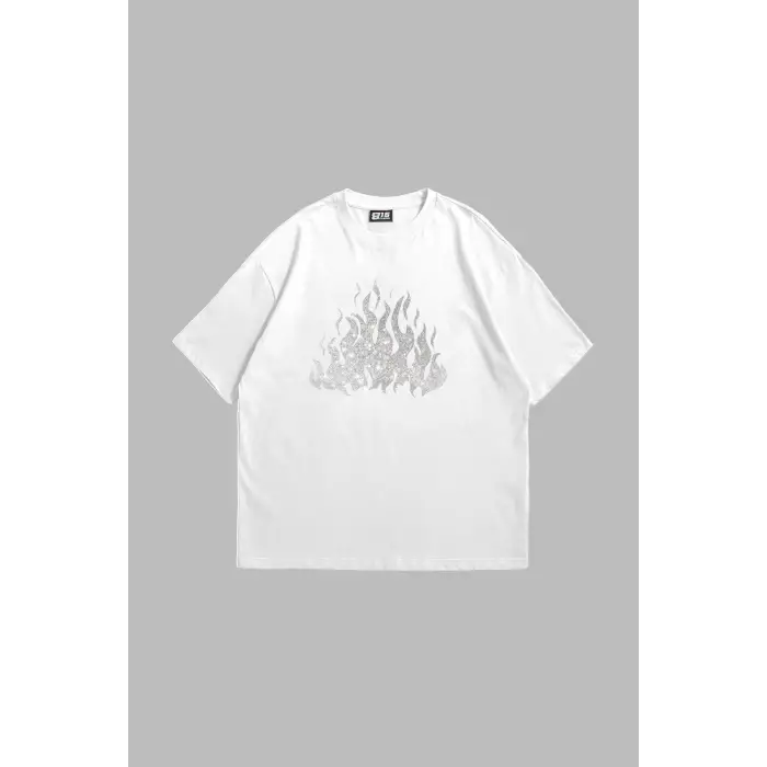 Flame Taş Baskılı Oversize Unisex Beyaz