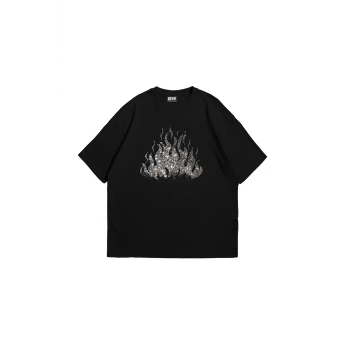 Flame Taş Baskılı Oversize Unisex Siyah