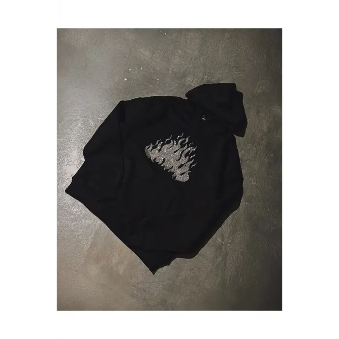 Flame Taş Baskılı Oversize Unisex Siyah
