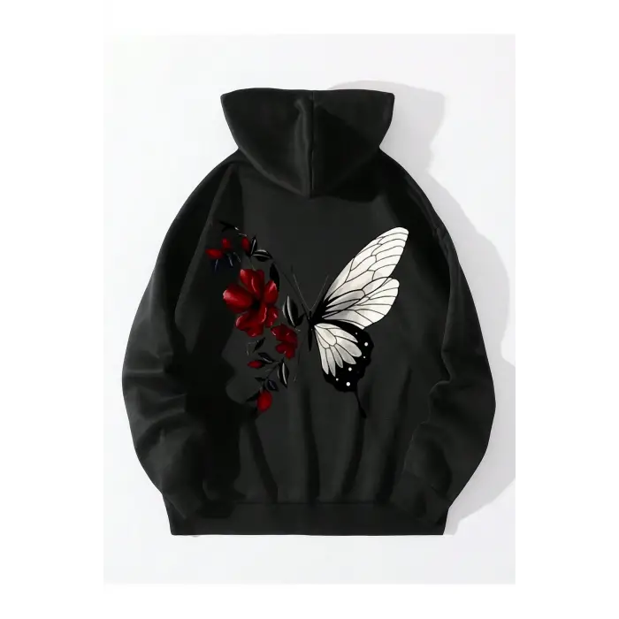 Floral & Butterfly Print Drawstring Lined Hoodie Siyah
