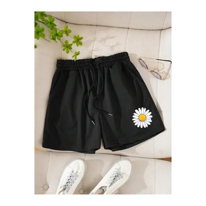 Floral Print Drawstring Waist Şort