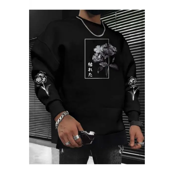 Flower Oversize Bisiklet Yaka Pamuklu Sweatshirt Siyah