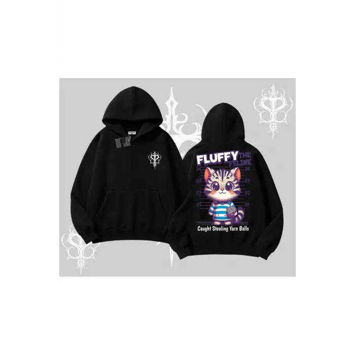 Fluffy The Feline Yazılı Sevimli Kedi Arka Baskılı Kapşonlu Sweatshirt