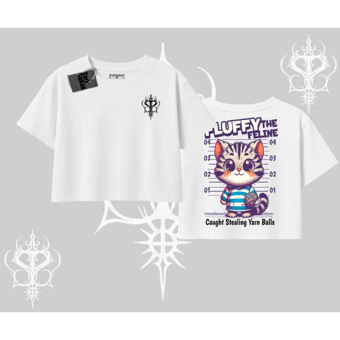 Fluffy The Feline Yazılı Sevimli Kedi Arka Baskılı Oversize Crop Tshirt