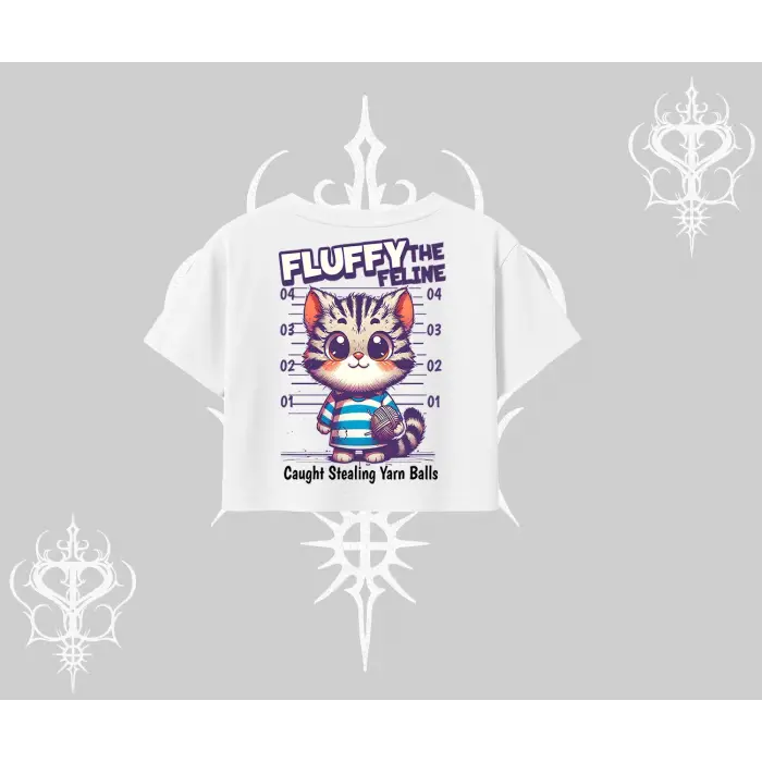 Fluffy The Feline Yazılı Sevimli Kedi Arka Baskılı Oversize Crop Tshirt