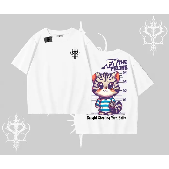 Fluffy The Feline Yazılı Sevimli Kedi Arka Baskılı Oversize Tshirt