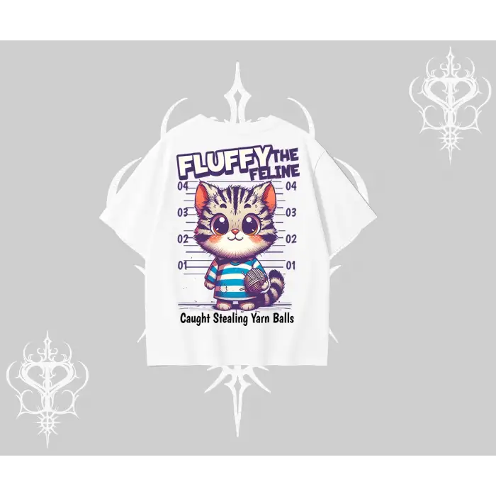Fluffy The Feline Yazılı Sevimli Kedi Arka Baskılı Oversize Tshirt