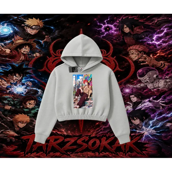 Gaara Naruto Anime Karakteri Kadın Crop Kapşonlu Sweatshirt Beyaz