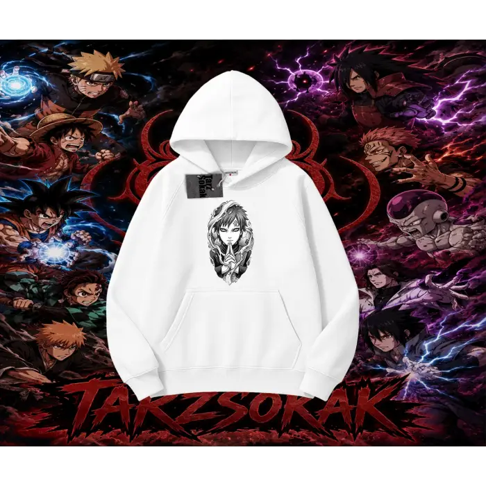 Gaara Naruto Anime Karakteri Oversize Unisex Kapşonlu Sweatshirt Beyaz