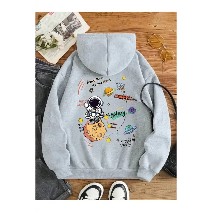 Galaxy Özel Baskılı Oversize Kapüşonlu Sweatshirt Gri
