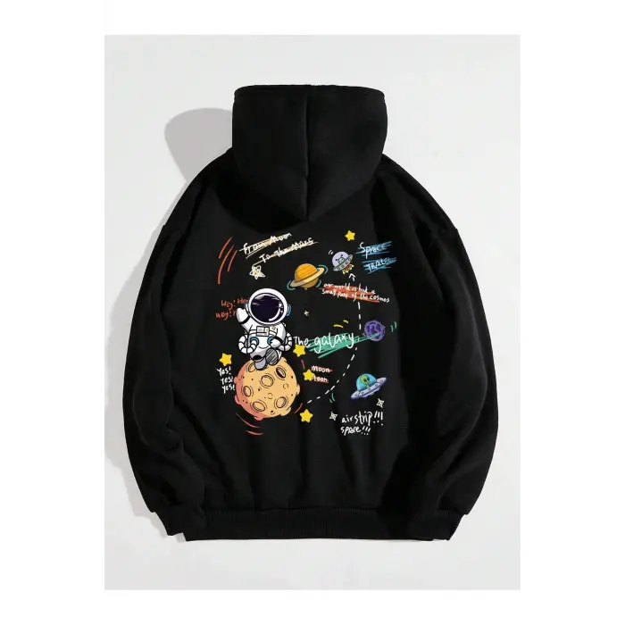Galaxy Özel Baskılı Oversize Kapüşonlu Sweatshirt Siyah