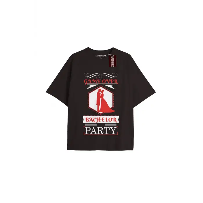 GAME OVWER BACHELOR PARTY Unisex Oversize Yazılı Tshirt SİYAH