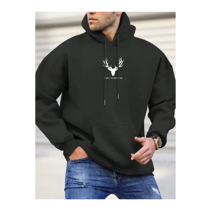 Geyik Renkli Oversize Kapüşonlu Sweatshirt Siyah