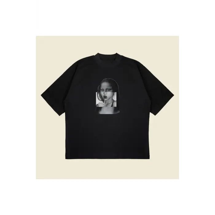 Glitch Lisa Baskılı Oversize Unisex Pamuklu Nefes Alan Kalın Kumaşlı