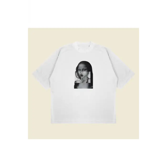 Glitch Lisa Baskılı Oversize Unisex Pamuklu Nefes Alan Kalın Kumaşlı