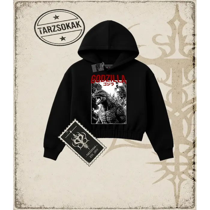 GODZILLA Kadın Crop Kapşonlu Sweatshirt