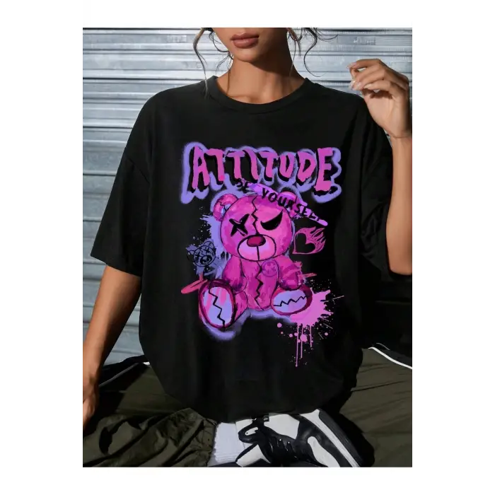 Göğüs Baskılı Oversize Kadın T-Shirt