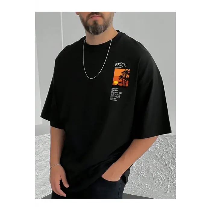 Göğüs Beach Baskılı Oversize Erkek T-Shirt