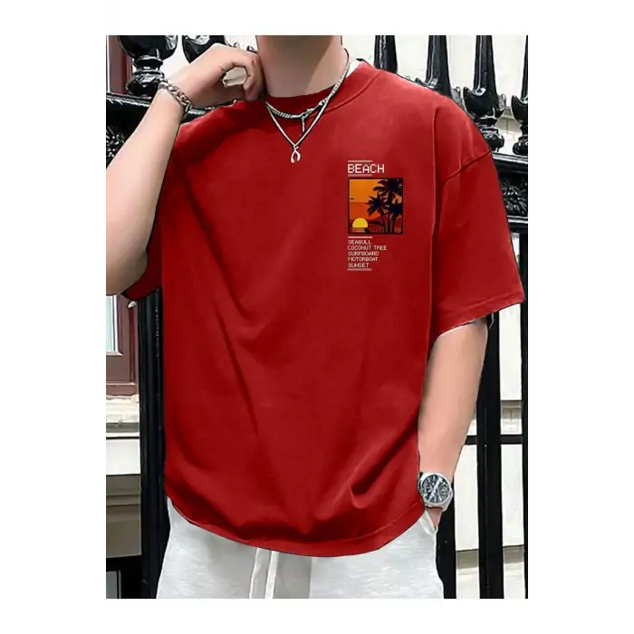 Göğüs Beach Baskılı Oversize Erkek T-Shirt