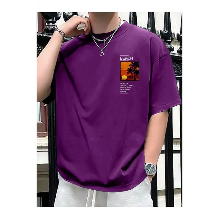 Göğüs Beach Baskılı Oversize Erkek T-Shirt