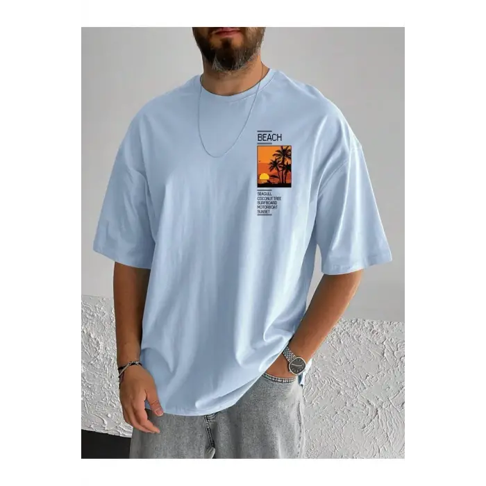 Göğüs Beach Baskılı Oversize Erkek T-Shirt
