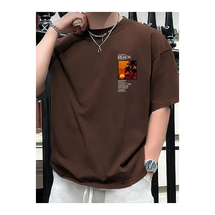 Göğüs Beach Baskılı Oversize Erkek T-Shirt