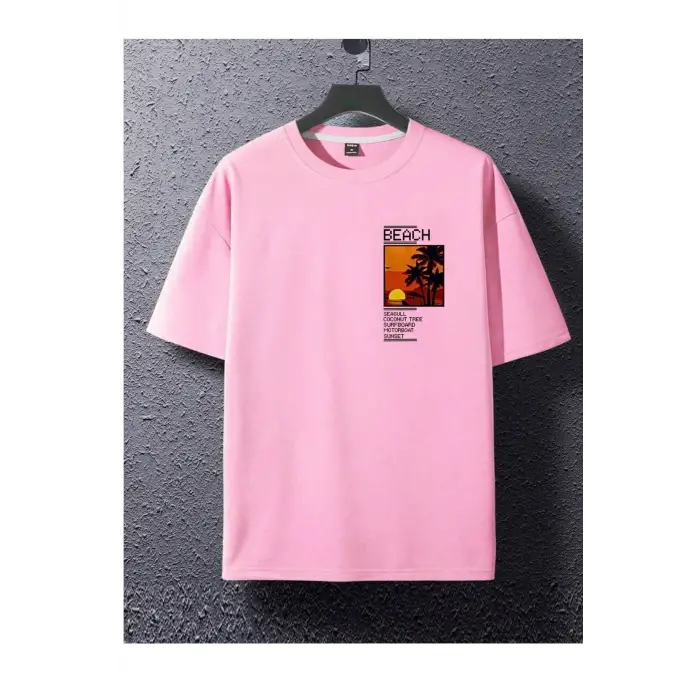 Göğüs Beach Baskılı Oversize Erkek T-Shirt