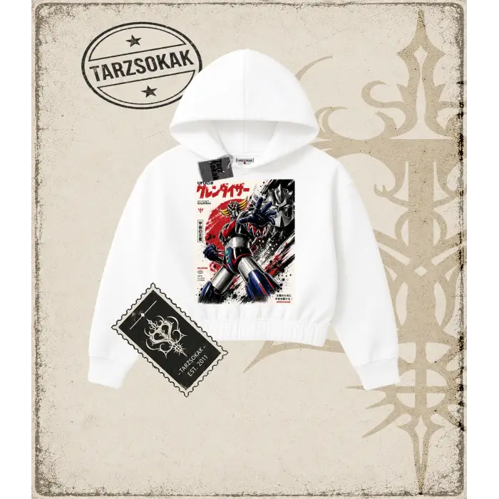 Goldorak Anime Baskılı Kadın Crop Kapşonlu Sweatshirt